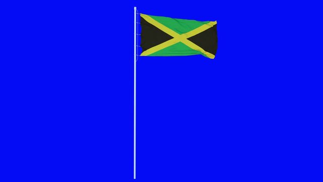 Jamaica Flag Waving on wind on blue screen or chroma key background. 4K animation