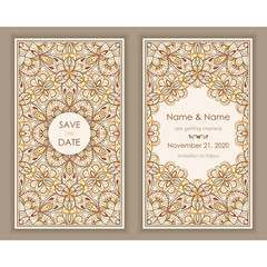 Wedding Invitation and save the date card Eastern style. Arabic  Pattern. Mandala ornament. Frame with flowers elements. Vector illustration.