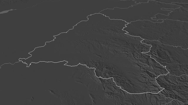 Bihor, county with its capital, zoomed and extruded on the bilevel map of Romania in the conformal Stereographic projection. Animation 3D