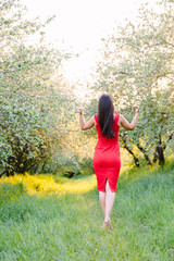 Naklejka na ściany i meble Beautiful young woman standing in the summer park in elegant red dress. back view.