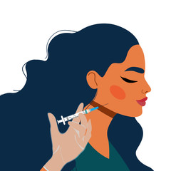 Jawline correction. Female face and hand-holding syringe. The beauty industry and injection concept. Jawline injections. Face oval correction procedure. Jawline fillers. 