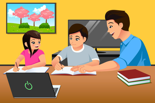 Father Teaching Kids Studying at Home Illustration