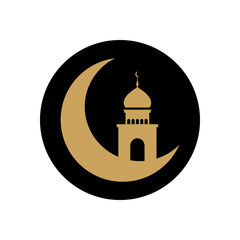 eid mubarak concept, crescent moon and islamic mosque icon, block style