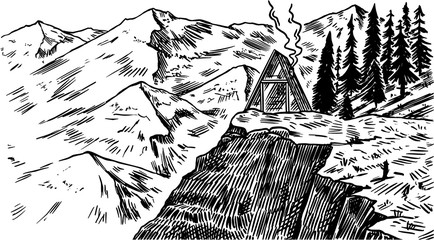 Mountain landscape background. Alpine peaks and cabin. Vintage Mount. Travel concept. Hand drawn engraved sketch for outdoor posters, climbing banners, logo or badge. 