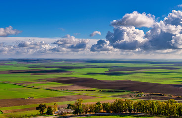 Top view of the meadow of Carmona, Seville, Spain. Beautiful clouds and its shadows in the plains.