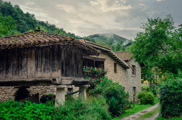 Fototapeta na wymiar Horreo, old wooden building used as elevated granary. Cangas de Onis, Asturias, Spain