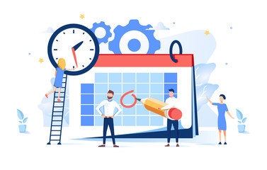 Vector illustration. little people characters make an online schedule in the tablet. design business tasks scheduling.