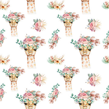 Giraffe pattern Hand drawn watercolor cartoon giraffe tropical animal isolated illustration. Jungle exotic summer design