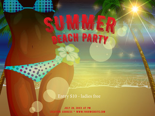 Sexy girl's body sunbathing on the Summer beach. Young woman in bikini. Nightclub beach party advertising poster, banner or flyer. EPS 10