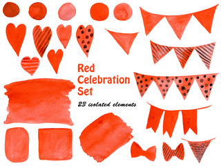 Watercolor celebration elements set as flags, hearts, dots and abstract shapes. Hand painted illustration- isolated elements