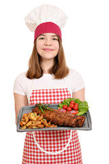 happy girl cook with pork spare ribs