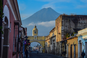 Colorful Antigua Guatemala Streets next to Acatenango Volcano