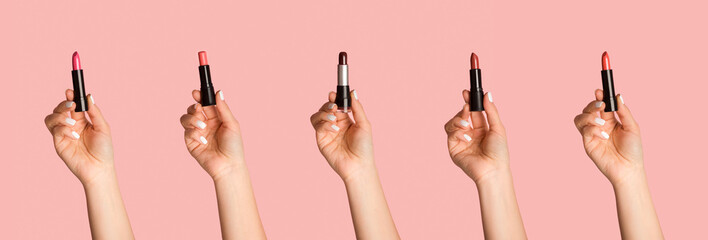 Collection of lipsticks in hands of beautician on pink background, collage. Panorama