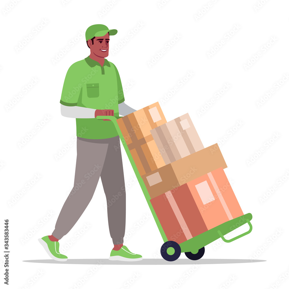 Sticker Warehouse worker with handtruck semi flat RGB color vector illustration