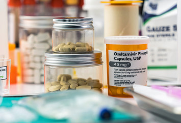 Different medication prepared for people affected by Covid-19, Oseltamivir is a selective antiviral...