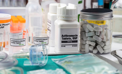 Different medication prepared for people affected by Covid-19, Azithromycin is a selective...