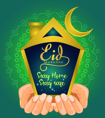 Stay home stay safe with two hands and a house. Eid Mubarak vector illustration. corona virus concept