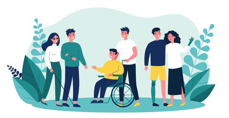 Volunteers helping disabled people. Group of men and women with special needs, on wheelchair, with prosthesis. Vector illustration for support, diversity, disability, lifestyle concept