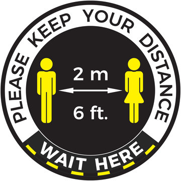 Coronavirus COVID-19 Virus Social Distancing Concept. Wait Here And Stay Six Feet Or Two Meters Apart. Flat Icon Vector Illustration