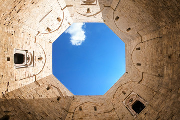 The sky seen from the courtyard of Castel del Monte. Apulia, Italy