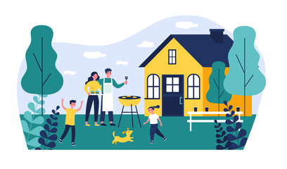 Happy family doing barbecue at garden flat vector illustration. Mother and father cooking outdoor near house. Kids playing with dog at backyard. BBQ party and weekend concept