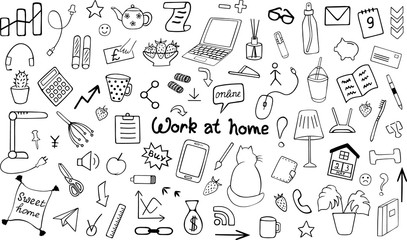 Cute vector hand drawn doodle set. Quarantine positive doodle icons, home elements isolated on white background.