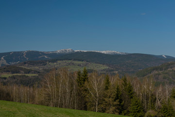 Fototapeta na wymiar Meadows and forests near Krkonose mountains in spring nice day