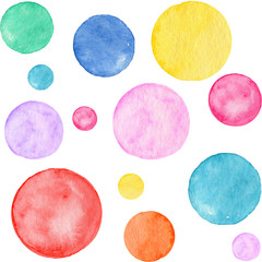 Seamless pattern of watercolor bubbles in different colors, nice design for nursery or kids textile, pillows, wallpapers, bags, snickers. Delicate watercolor texture for wrapping paper and gift boxes