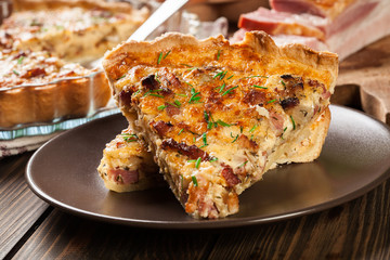 Pieces of quiche lorraine with bacon and cheese