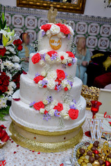 Obraz na płótnie Canvas Wedding cake iced and decorated.
