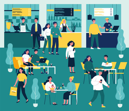 Young people eating at fast food restaurant flat vector illustration. Man and woman having lunch at cafe or cafeteria. Character sitting at table, using digital device. Lifestyle and leisure concept.