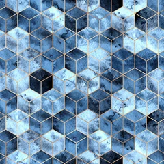 Foto op Plexiglas Blauw goud Naadloze geometrische patroon met gouden en blauwe aquarel veelhoeken. Abstracte zeshoeken achtergrond