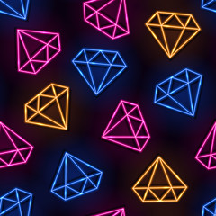 Vector bright neon lamp seamless pattern with diamonds. Glowing colorful gems on purple background