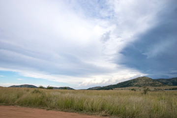 Cloudy skies over lush landscape, Pilanesberg National Park, South Africa