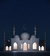 Ramadan Kareem greeting template with muslim mosque on the background of golden floral ornament. Architectural background with the temple building with  golden dome and month -3D render, illustration.