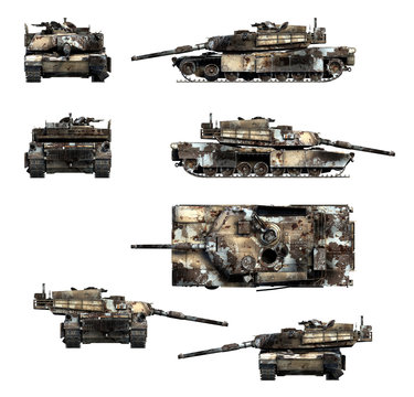 Set of 3d-renders of burnt tank M1A1 Abrams