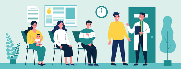 Queue of patient sitting at therapist office in clinic. People visiting medical practitioner for examination in hospital. Vector illustration for doctor, healthcare, medicine, health concept