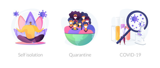 Coronavirus world pandemic abstract concept vector illustration set. Self isolation, quarantine, COVID-19, stay safe at home, social distancing, government strict measures abstract metaphor.