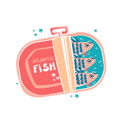 Funny fish in tin. Canned food. Isolated cartoon illustration for kids game, book, t-shirt, textile, prints, kids products, cards, posters, packaging, apparel