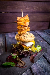 burger with chips and egg food photo fast food
