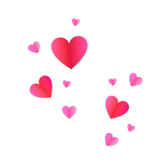 Vector pink flowing hearts, paper art style objects isolated on white background, bright colorful illustration template.