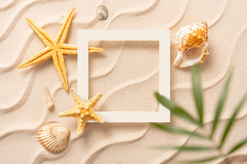 Fototapeta na wymiar summer beach frame background, Sand shells Seastar with blurred Palm, vacation and travel concept, Flat lay top view copy space, minimal exotic concept