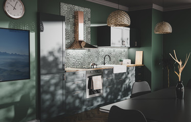 Scandinavian style green kitchen with patterned tiles