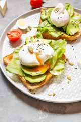 Healthy sandwich - poached eggs and avocado on toast with tomatoes on a concrete background.