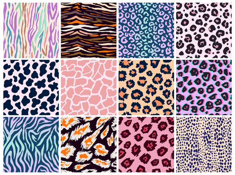 Animal seamless pattern set. Mammals Fur. Collection of Neon color bright Print skin. Fashionable Predators Camouflage. Cheetah Giraffe Zebra Leopard Jaguar. Printable Background. Vector illustration