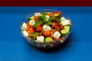 Bulgarian mixed vegetable salad with sliced ​​white cheese on top called also Shopska salad, Sofia, Bulgaria    