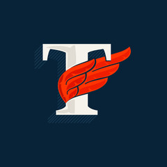 Letter T logo with red wing. Classic serif font with shadow made of lines.