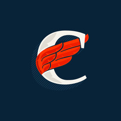 Letter C logo with red wing. Classic serif font with shadow made of lines.