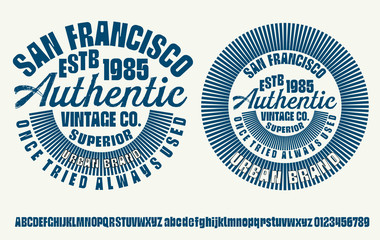 Denim Clothing print for t-shirt or apparel. Retro artwork for fashion and printing. Old school vector graphic with denim theme and typography. Vintage effects are easily removable.Vintage Font 