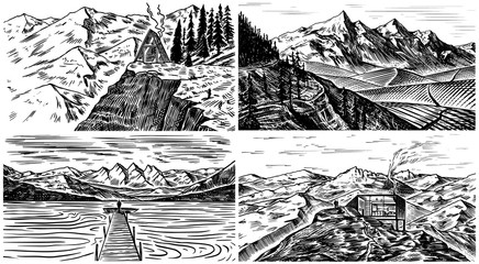 Mountain landscape backgrounds set. Alpine peaks and Traveler with a tent. Vintage Mount. Travel concept. Hand drawn engraved sketch for outdoor posters, climbing banners, logo or badge. 